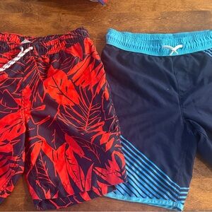 Lands End Boys Tropical Red Leaf and Blue Striped Swim Shorts Size M LOT